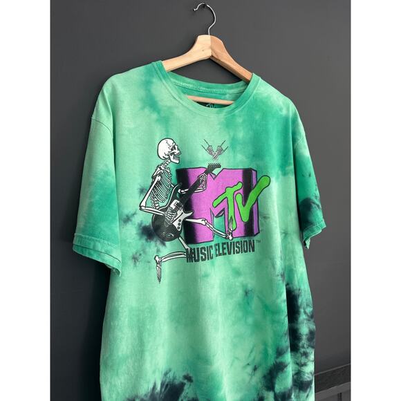 MTV Skeleton Tee Shirt Green Black Tie Dye Music Television Retro T Shirt Large - Picture 2 of 6
